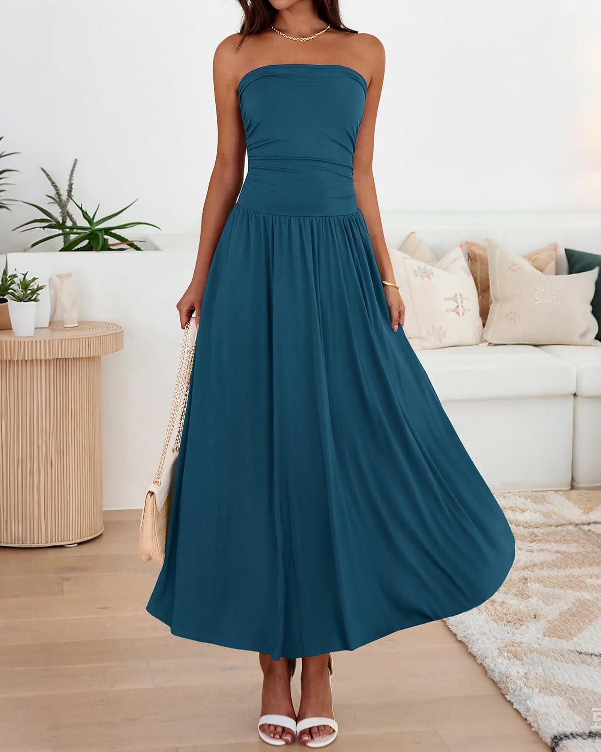 imageBTFBM Summer Maxi Dresses for Women 2026 Strapless Ruched Tube Top Beach Vacation Spring Wedding Guest Dress PocketsDark Blue