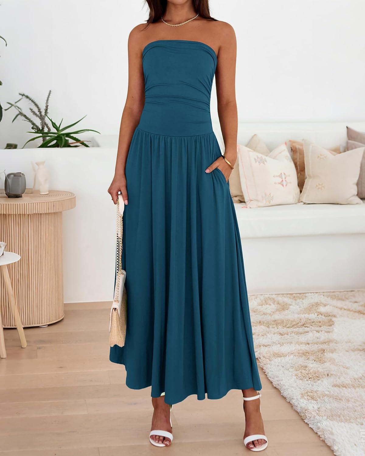 imageBTFBM Summer Maxi Dresses for Women 2026 Strapless Ruched Tube Top Beach Vacation Spring Wedding Guest Dress PocketsDark Blue