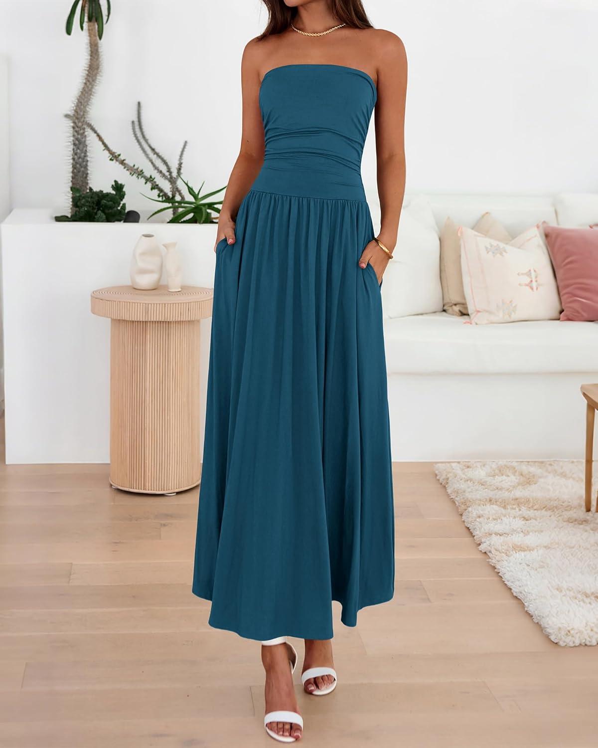 imageBTFBM Summer Maxi Dresses for Women 2026 Strapless Ruched Tube Top Beach Vacation Spring Wedding Guest Dress PocketsDark Blue