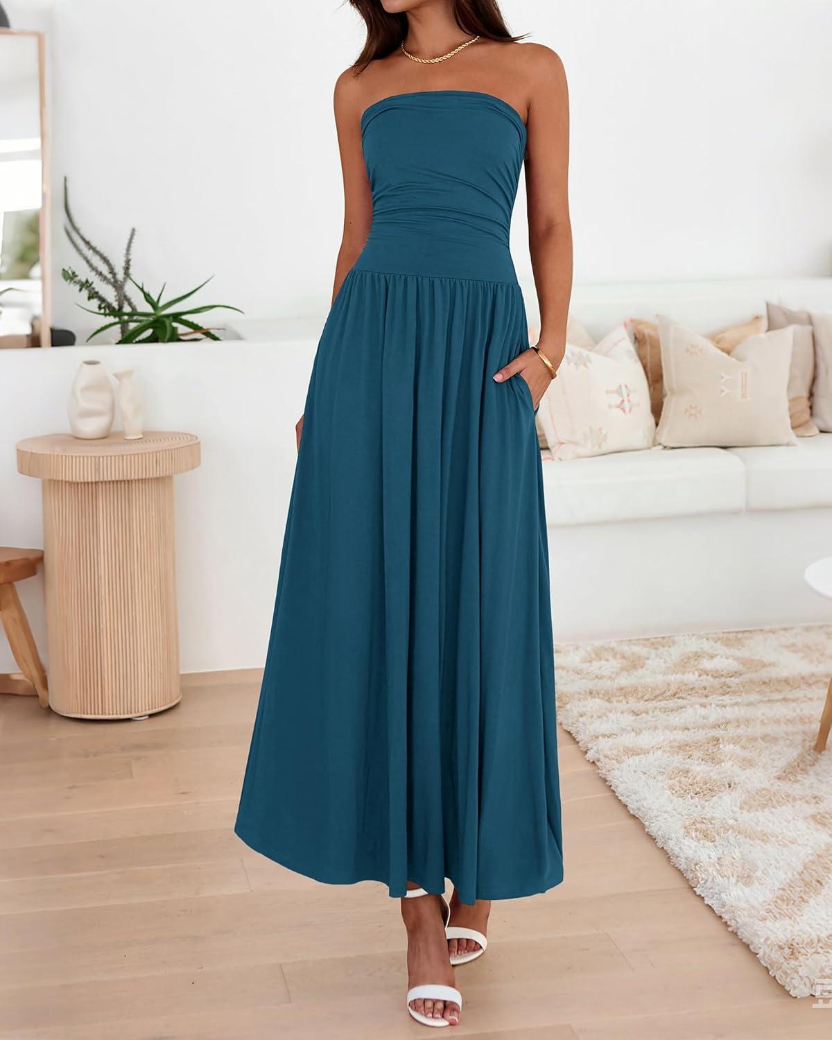 imageBTFBM Summer Maxi Dresses for Women 2026 Strapless Ruched Tube Top Beach Vacation Spring Wedding Guest Dress PocketsDark Blue