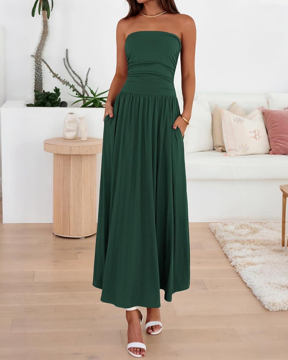 imageBTFBM Summer Maxi Dresses for Women 2026 Strapless Ruched Tube Top Beach Vacation Spring Wedding Guest Dress PocketsDark Green