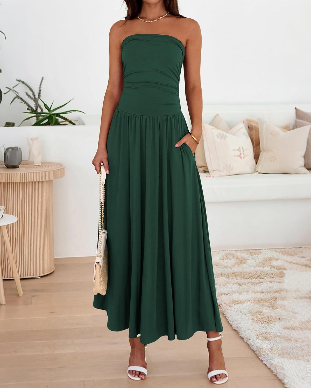 imageBTFBM Summer Maxi Dresses for Women 2026 Strapless Ruched Tube Top Beach Vacation Spring Wedding Guest Dress PocketsDark Green