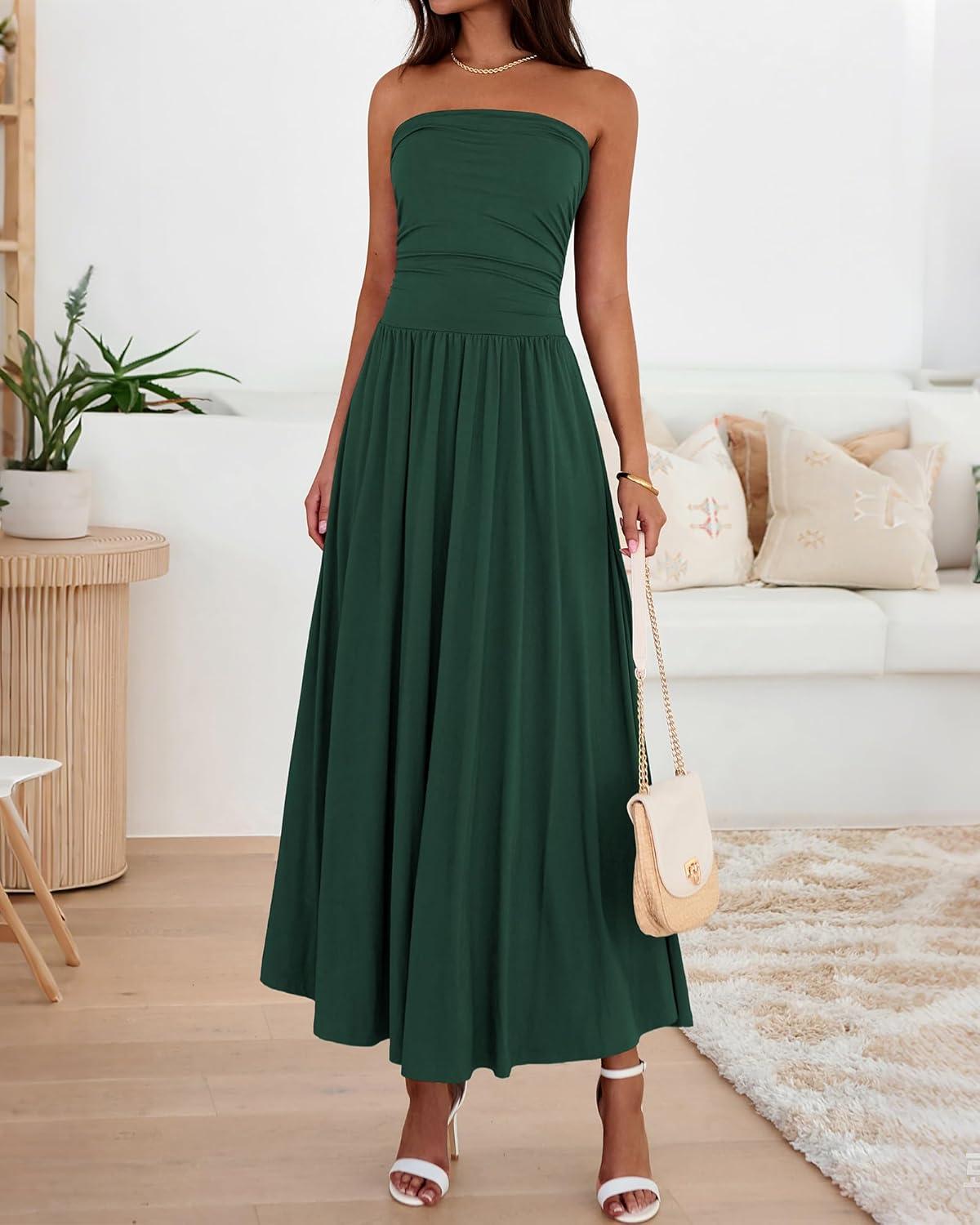 imageBTFBM Summer Maxi Dresses for Women 2026 Strapless Ruched Tube Top Beach Vacation Spring Wedding Guest Dress PocketsDark Green