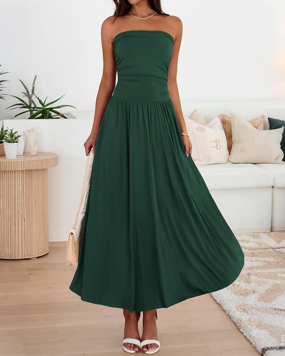 imageBTFBM Summer Maxi Dresses for Women 2026 Strapless Ruched Tube Top Beach Vacation Spring Wedding Guest Dress PocketsDark Green