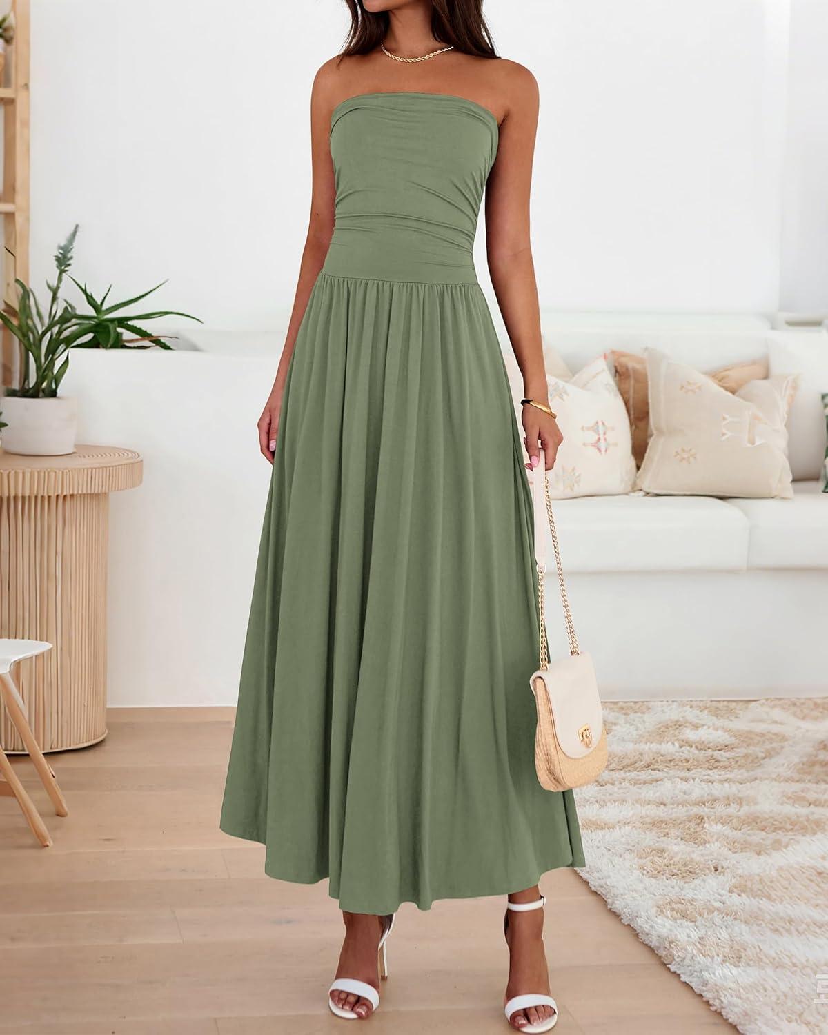 imageBTFBM Summer Maxi Dresses for Women 2026 Strapless Ruched Tube Top Beach Vacation Spring Wedding Guest Dress PocketsGreen