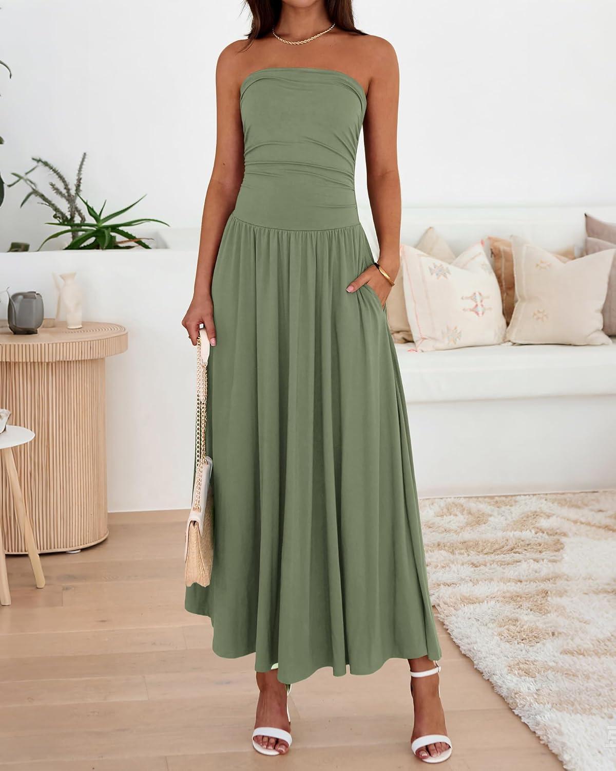 imageBTFBM Summer Maxi Dresses for Women 2026 Strapless Ruched Tube Top Beach Vacation Spring Wedding Guest Dress PocketsGreen