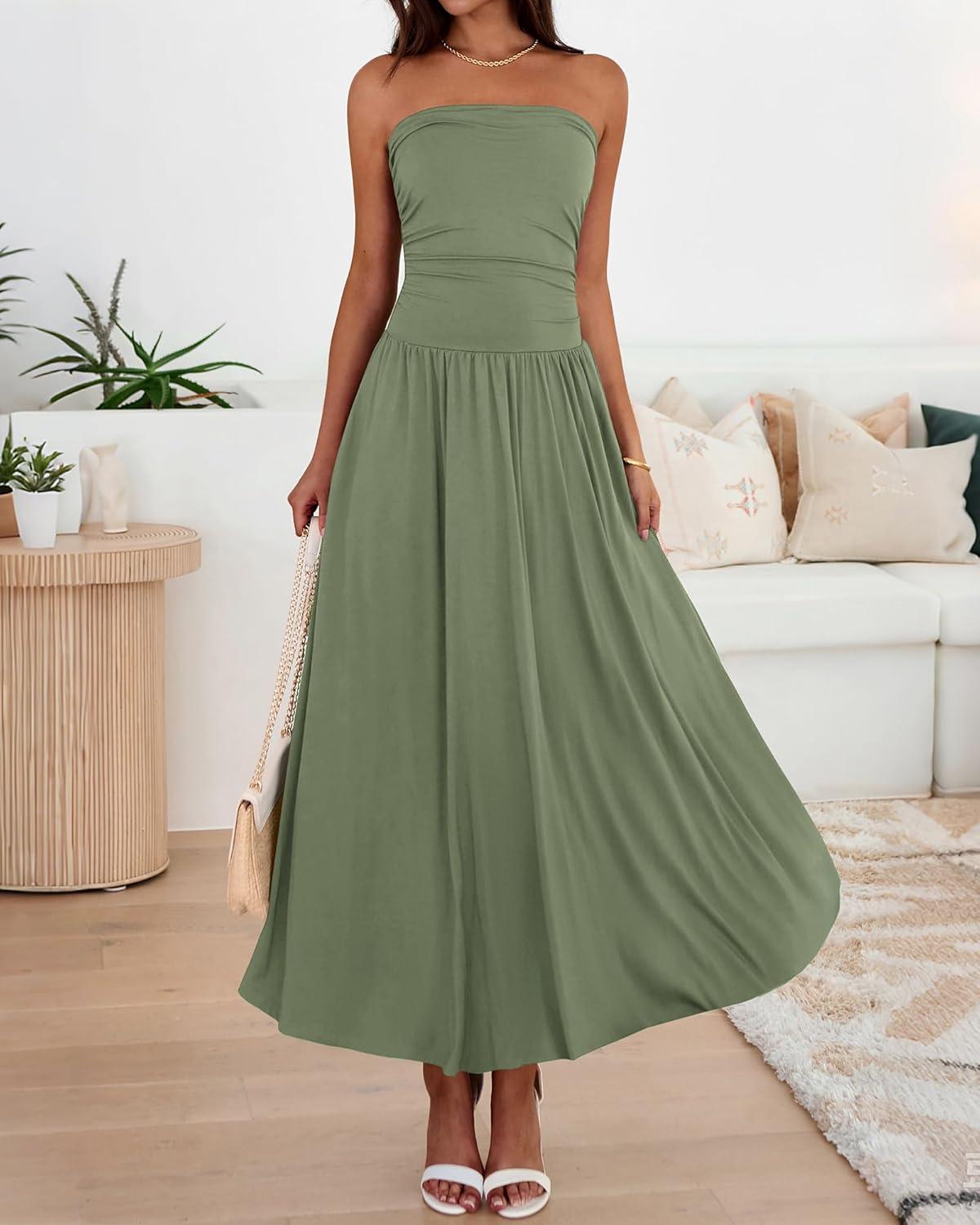 imageBTFBM Summer Maxi Dresses for Women 2026 Strapless Ruched Tube Top Beach Vacation Spring Wedding Guest Dress PocketsGreen
