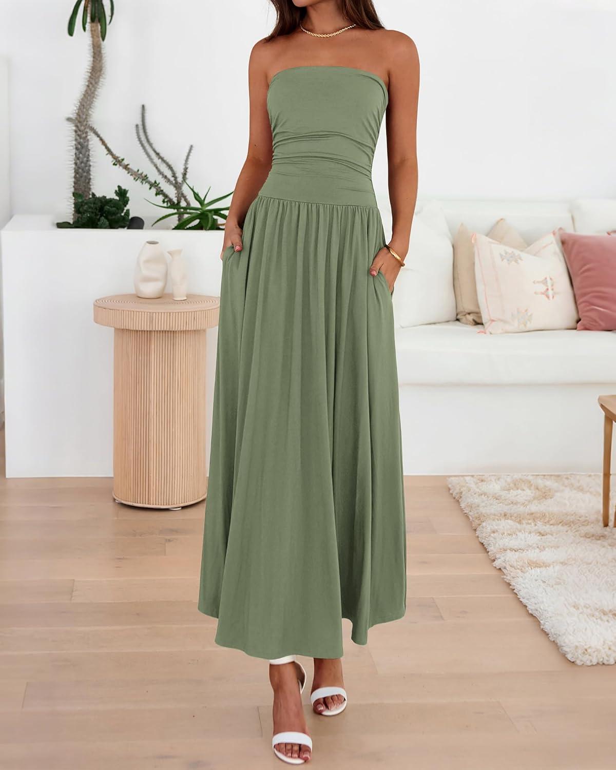 imageBTFBM Summer Maxi Dresses for Women 2026 Strapless Ruched Tube Top Beach Vacation Spring Wedding Guest Dress PocketsGreen