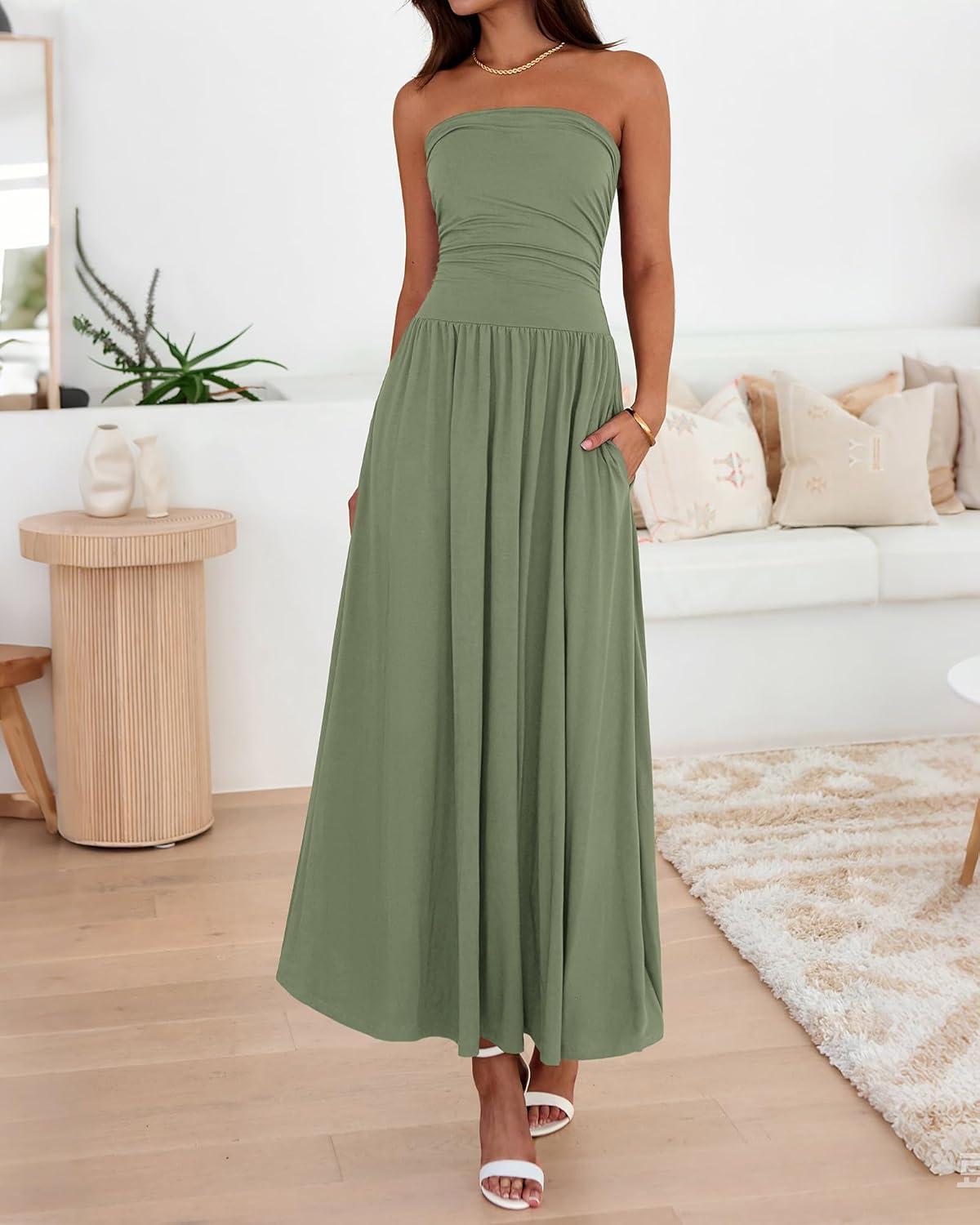 imageBTFBM Summer Maxi Dresses for Women 2026 Strapless Ruched Tube Top Beach Vacation Spring Wedding Guest Dress PocketsGreen