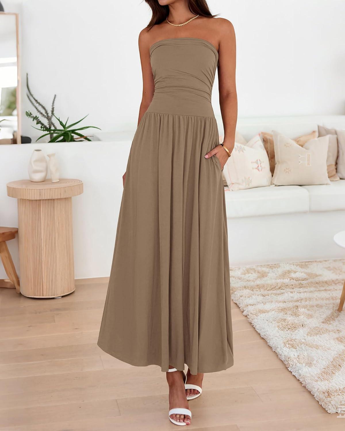 imageBTFBM Summer Maxi Dresses for Women 2026 Strapless Ruched Tube Top Beach Vacation Spring Wedding Guest Dress PocketsKhaki
