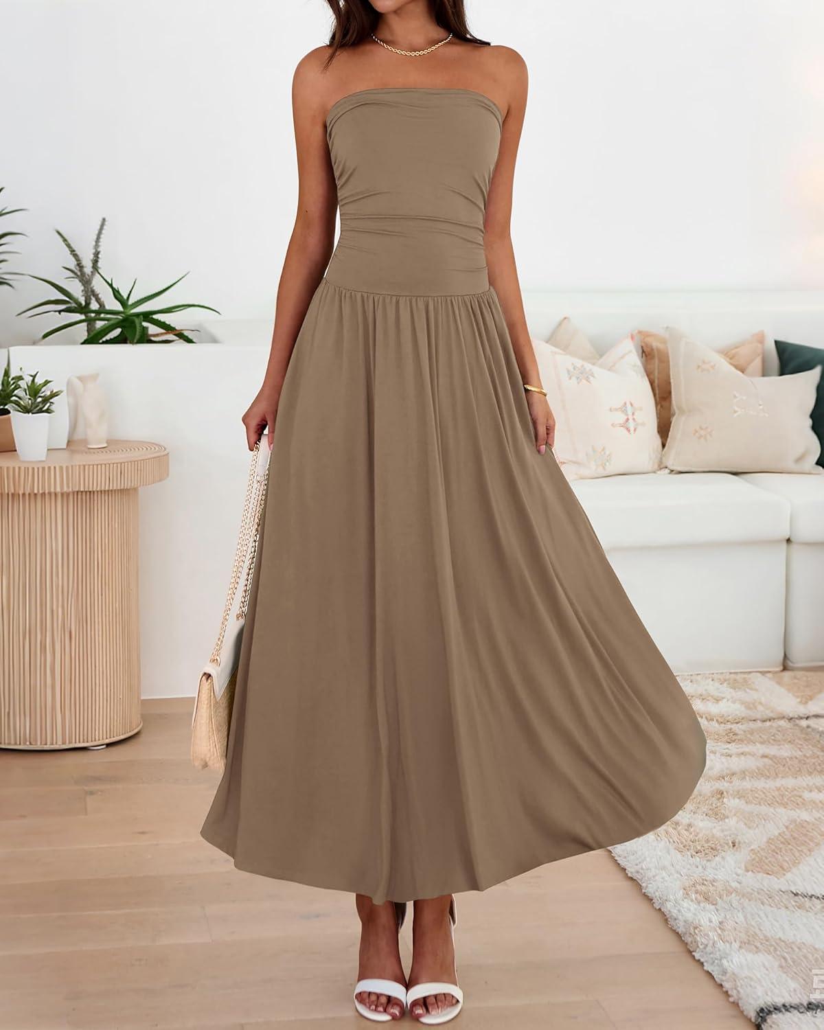 imageBTFBM Summer Maxi Dresses for Women 2026 Strapless Ruched Tube Top Beach Vacation Spring Wedding Guest Dress PocketsKhaki