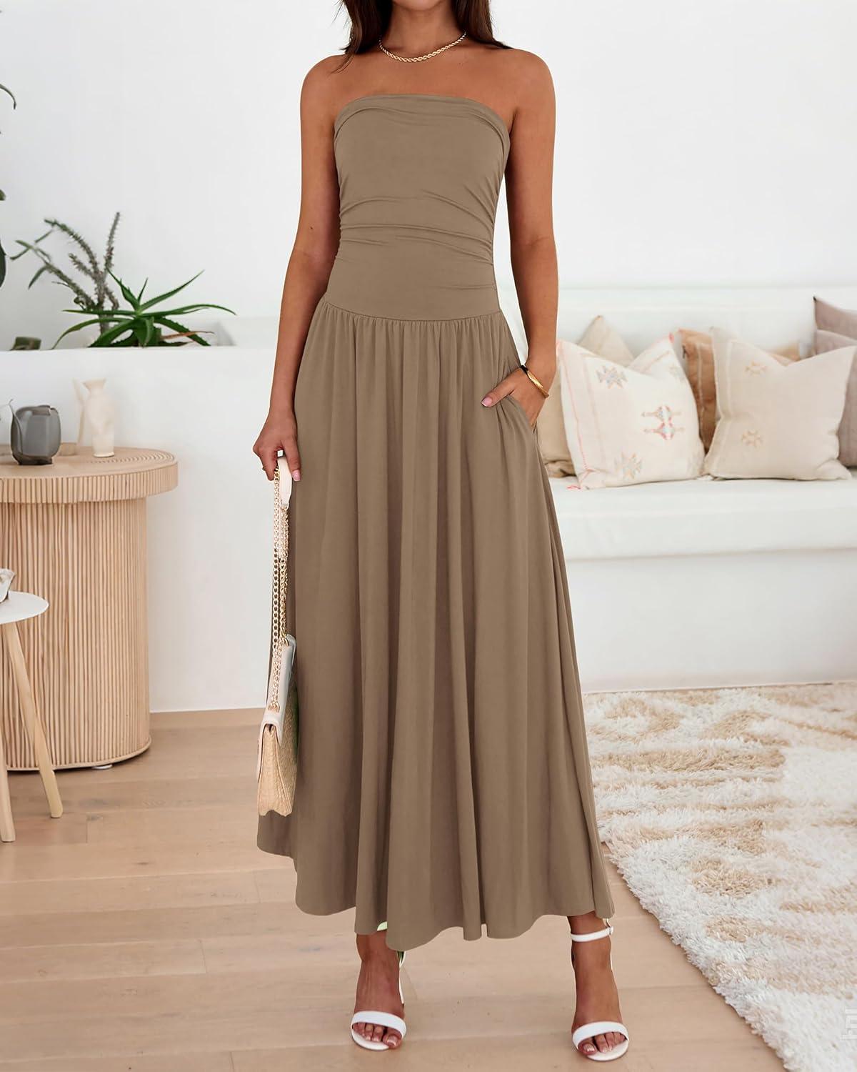 imageBTFBM Summer Maxi Dresses for Women 2026 Strapless Ruched Tube Top Beach Vacation Spring Wedding Guest Dress PocketsKhaki