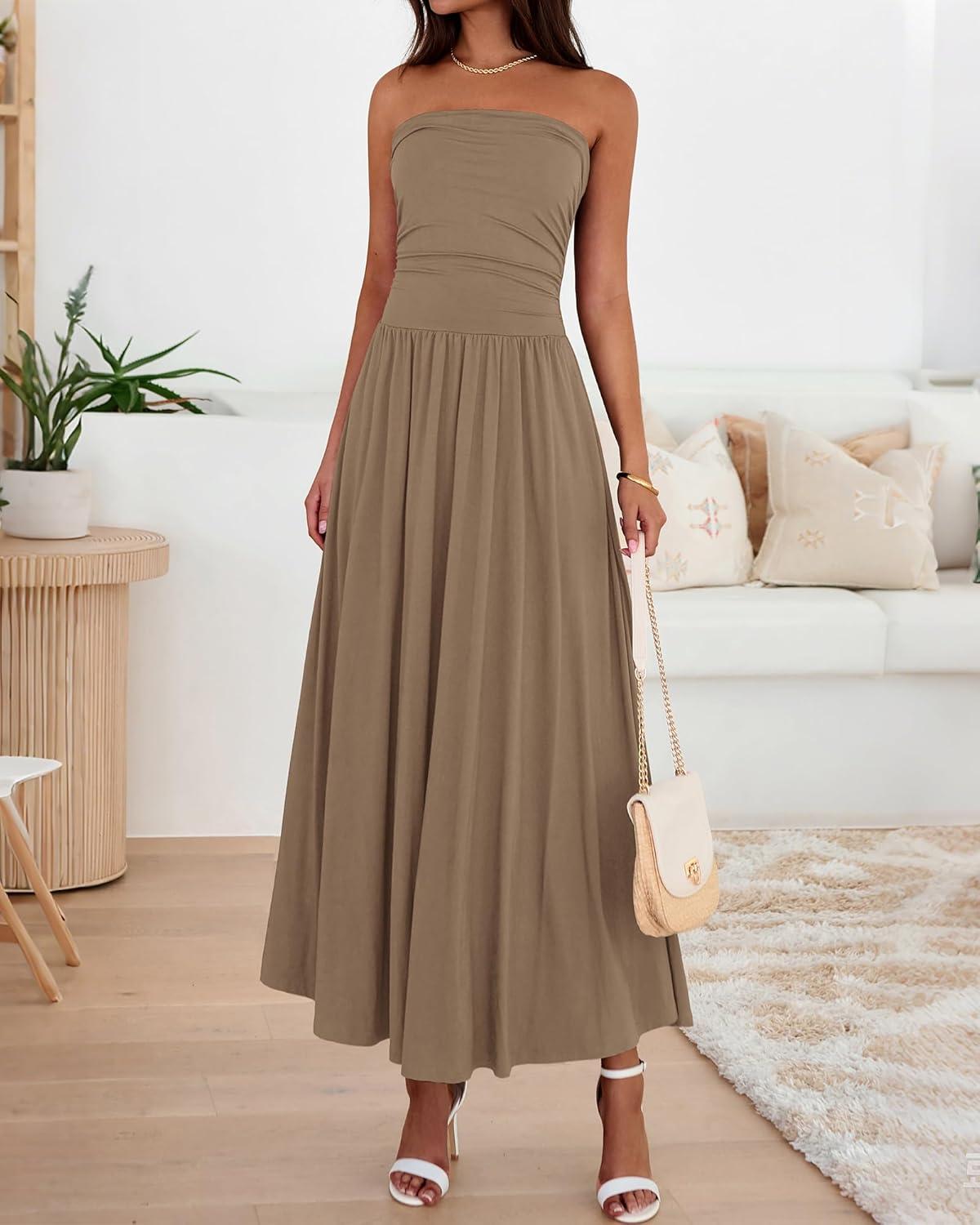 imageBTFBM Summer Maxi Dresses for Women 2026 Strapless Ruched Tube Top Beach Vacation Spring Wedding Guest Dress PocketsKhaki