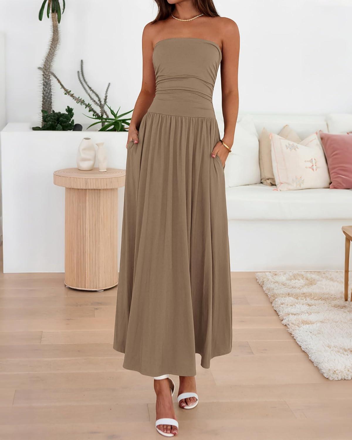 imageBTFBM Summer Maxi Dresses for Women 2026 Strapless Ruched Tube Top Beach Vacation Spring Wedding Guest Dress PocketsKhaki
