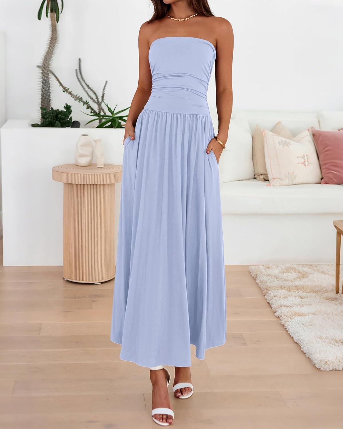 imageBTFBM Summer Maxi Dresses for Women 2026 Strapless Ruched Tube Top Beach Vacation Spring Wedding Guest Dress PocketsLight Blue
