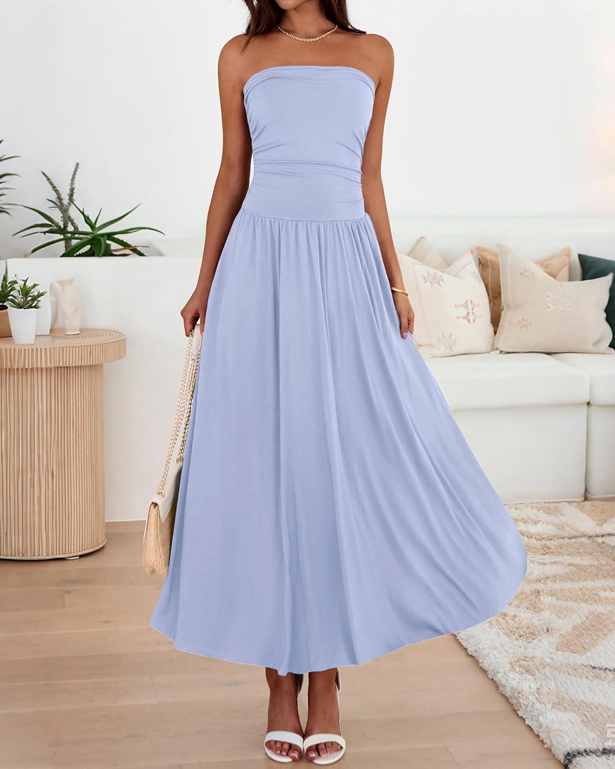 imageBTFBM Summer Maxi Dresses for Women 2026 Strapless Ruched Tube Top Beach Vacation Spring Wedding Guest Dress PocketsLight Blue