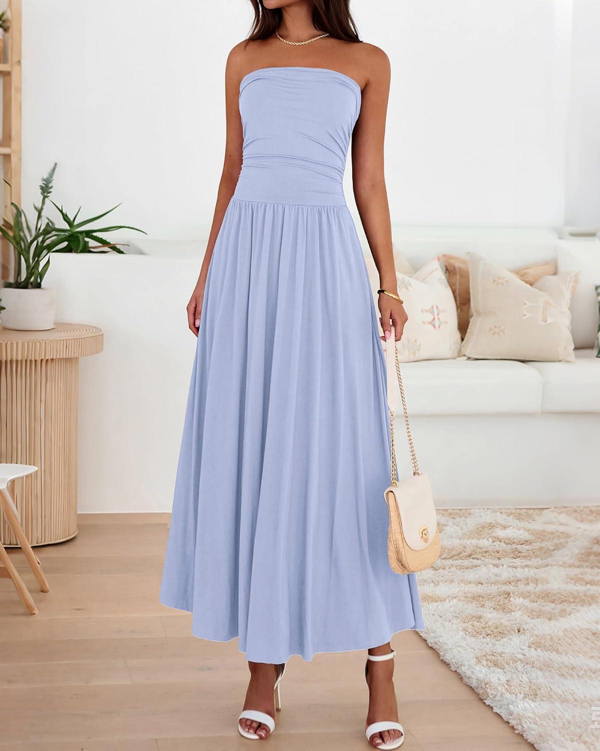 imageBTFBM Summer Maxi Dresses for Women 2026 Strapless Ruched Tube Top Beach Vacation Spring Wedding Guest Dress PocketsLight Blue