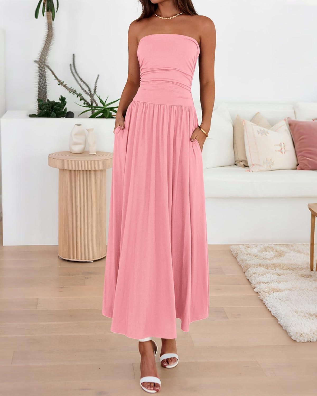 imageBTFBM Summer Maxi Dresses for Women 2026 Strapless Ruched Tube Top Beach Vacation Spring Wedding Guest Dress PocketsPink