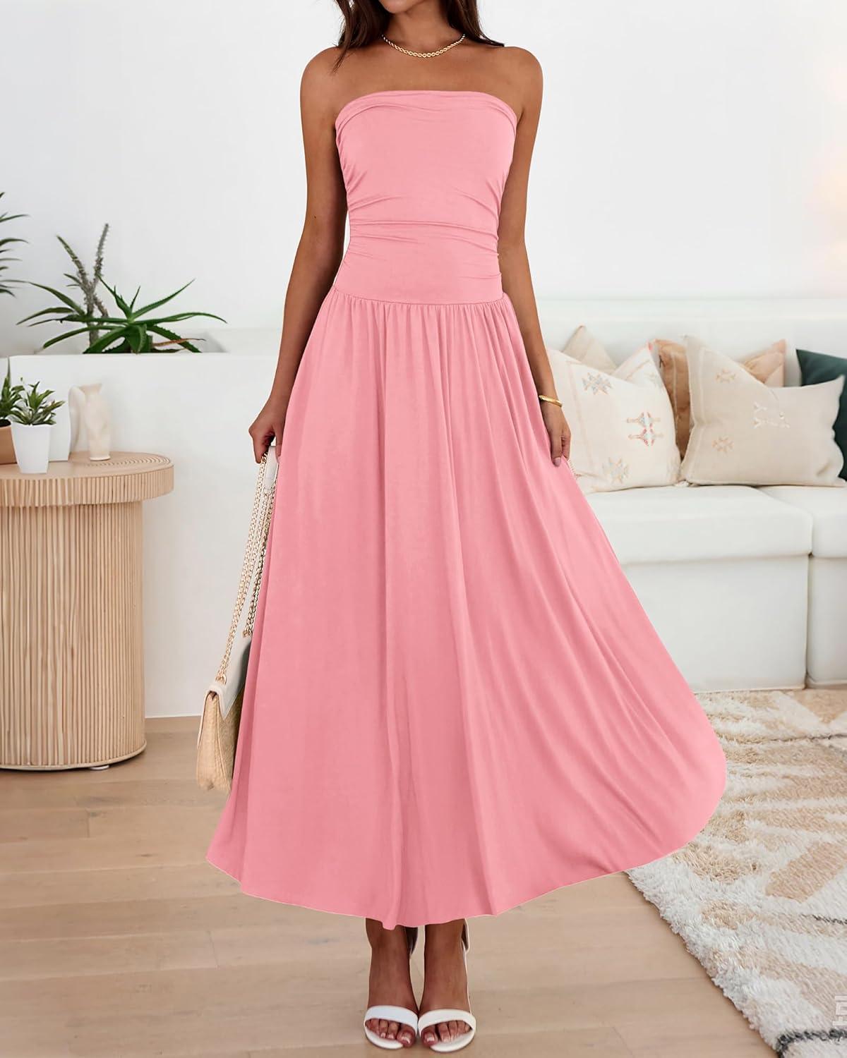 imageBTFBM Summer Maxi Dresses for Women 2026 Strapless Ruched Tube Top Beach Vacation Spring Wedding Guest Dress PocketsPink