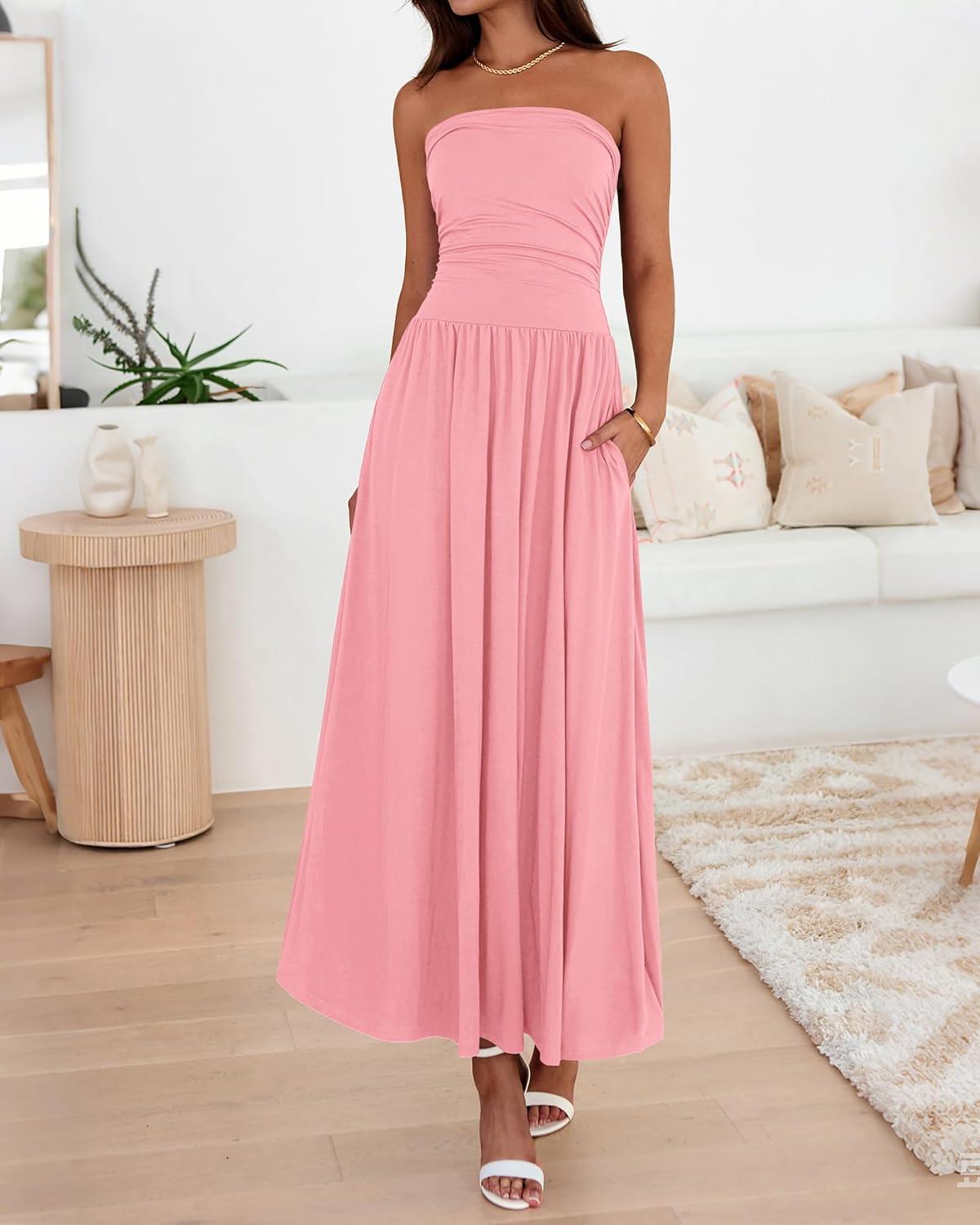 imageBTFBM Summer Maxi Dresses for Women 2026 Strapless Ruched Tube Top Beach Vacation Spring Wedding Guest Dress PocketsPink