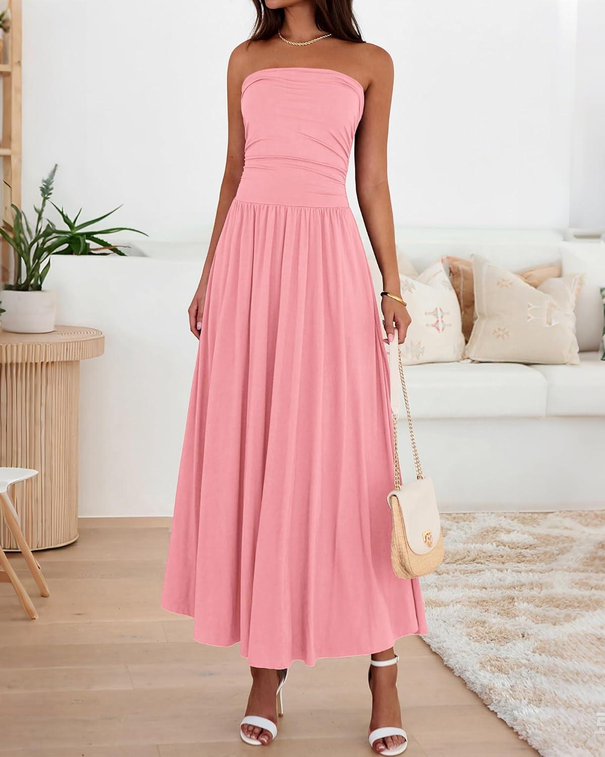imageBTFBM Summer Maxi Dresses for Women 2026 Strapless Ruched Tube Top Beach Vacation Spring Wedding Guest Dress PocketsPink