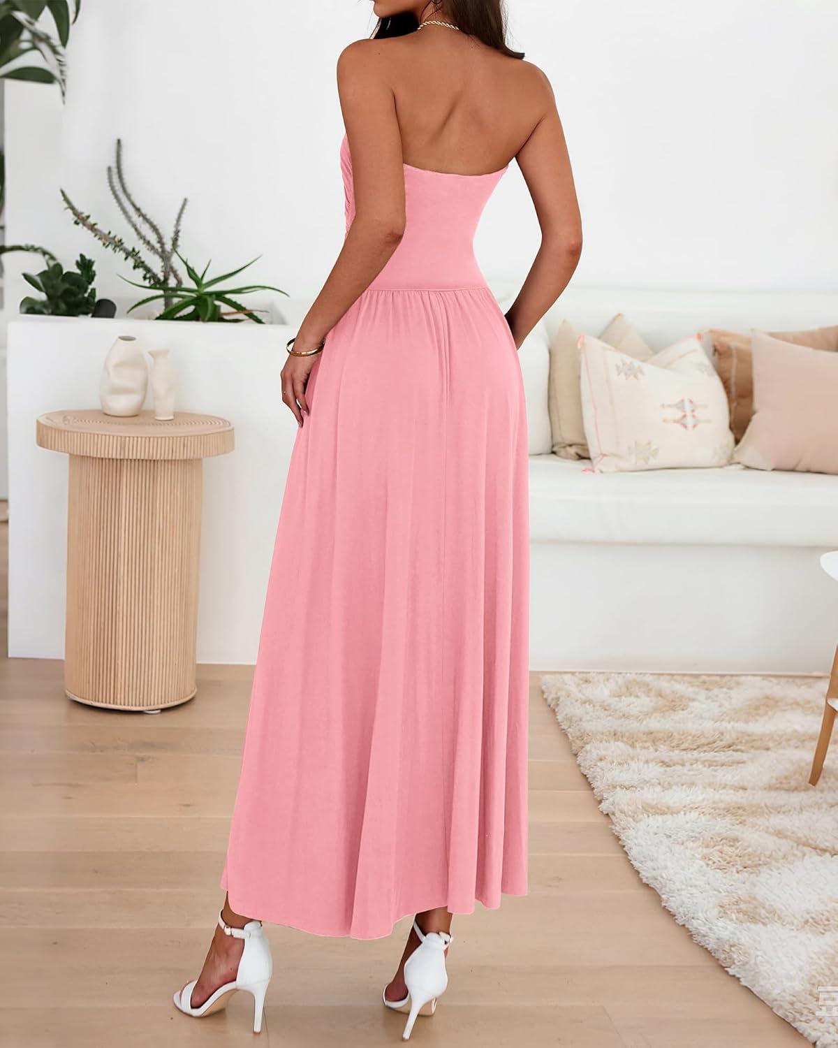 imageBTFBM Summer Maxi Dresses for Women 2026 Strapless Ruched Tube Top Beach Vacation Spring Wedding Guest Dress PocketsPink