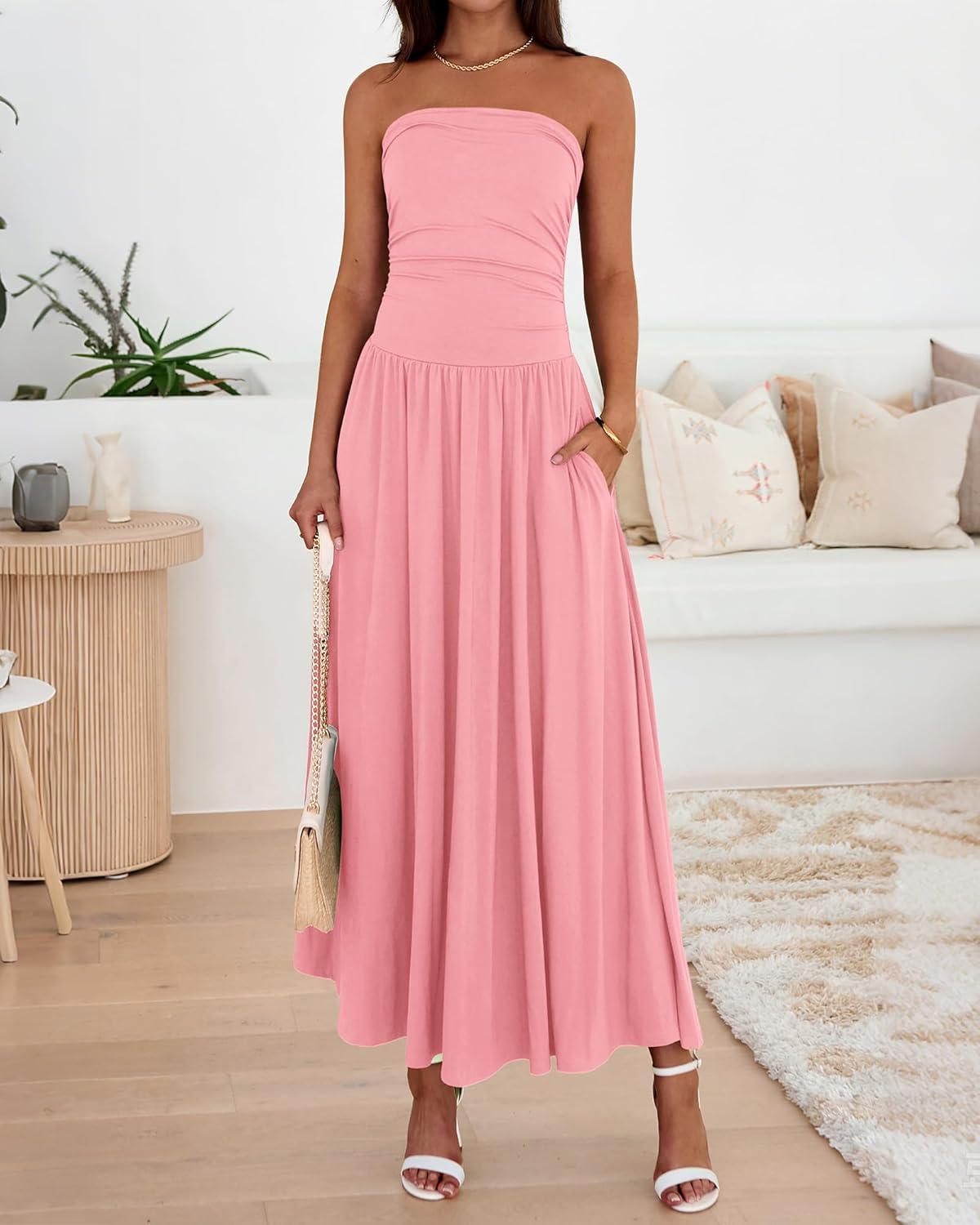imageBTFBM Summer Maxi Dresses for Women 2026 Strapless Ruched Tube Top Beach Vacation Spring Wedding Guest Dress PocketsPink