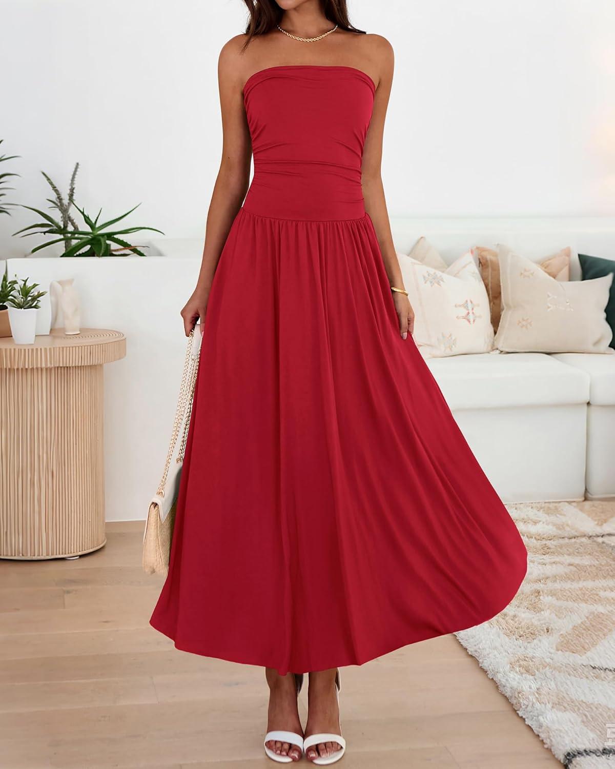 imageBTFBM Summer Maxi Dresses for Women 2026 Strapless Ruched Tube Top Beach Vacation Spring Wedding Guest Dress PocketsRed