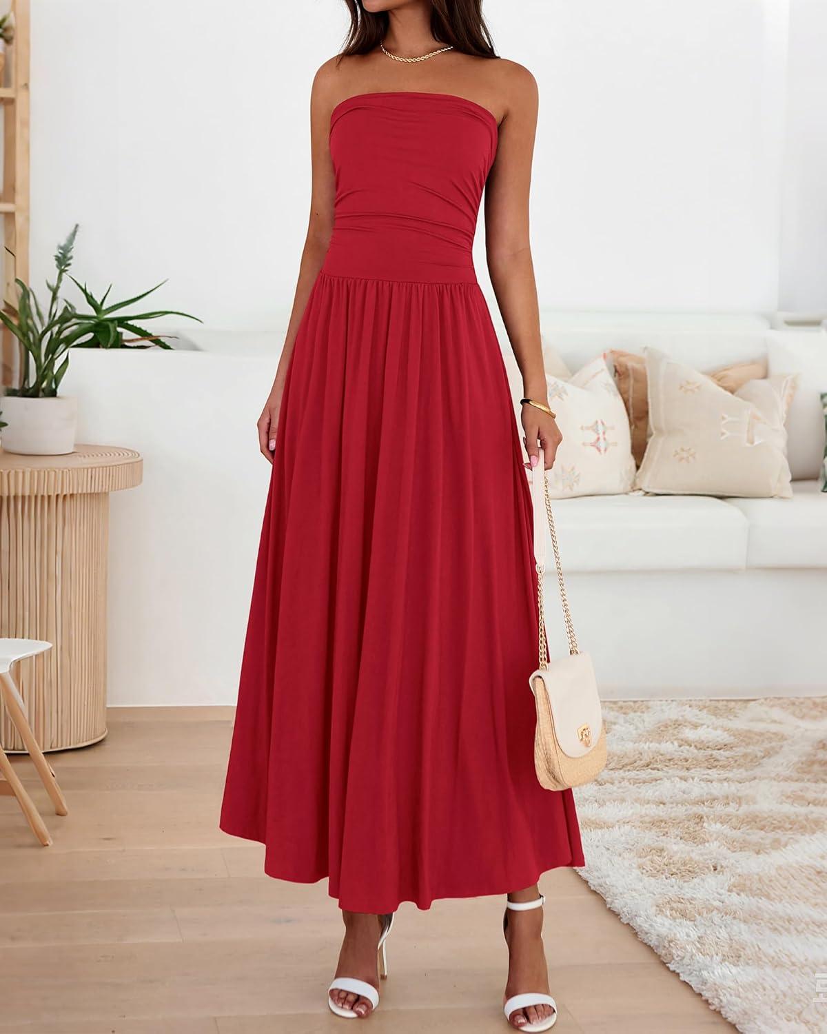 imageBTFBM Summer Maxi Dresses for Women 2026 Strapless Ruched Tube Top Beach Vacation Spring Wedding Guest Dress PocketsRed