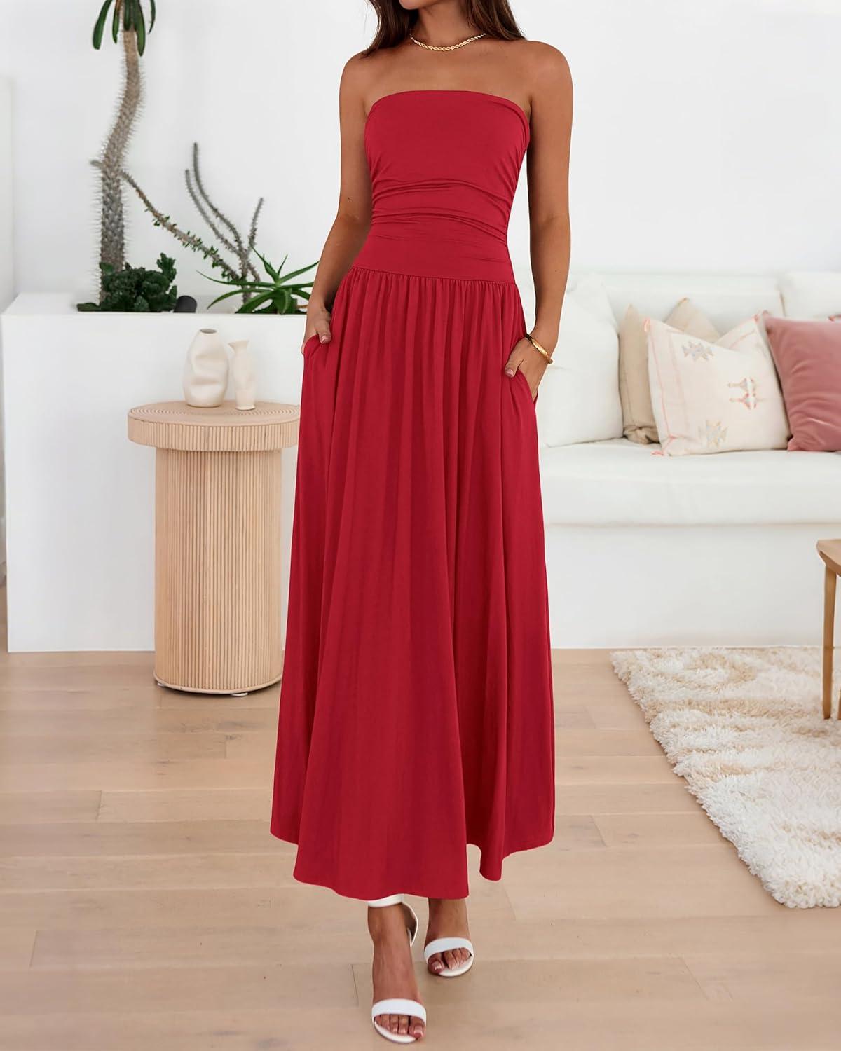 imageBTFBM Summer Maxi Dresses for Women 2026 Strapless Ruched Tube Top Beach Vacation Spring Wedding Guest Dress PocketsRed