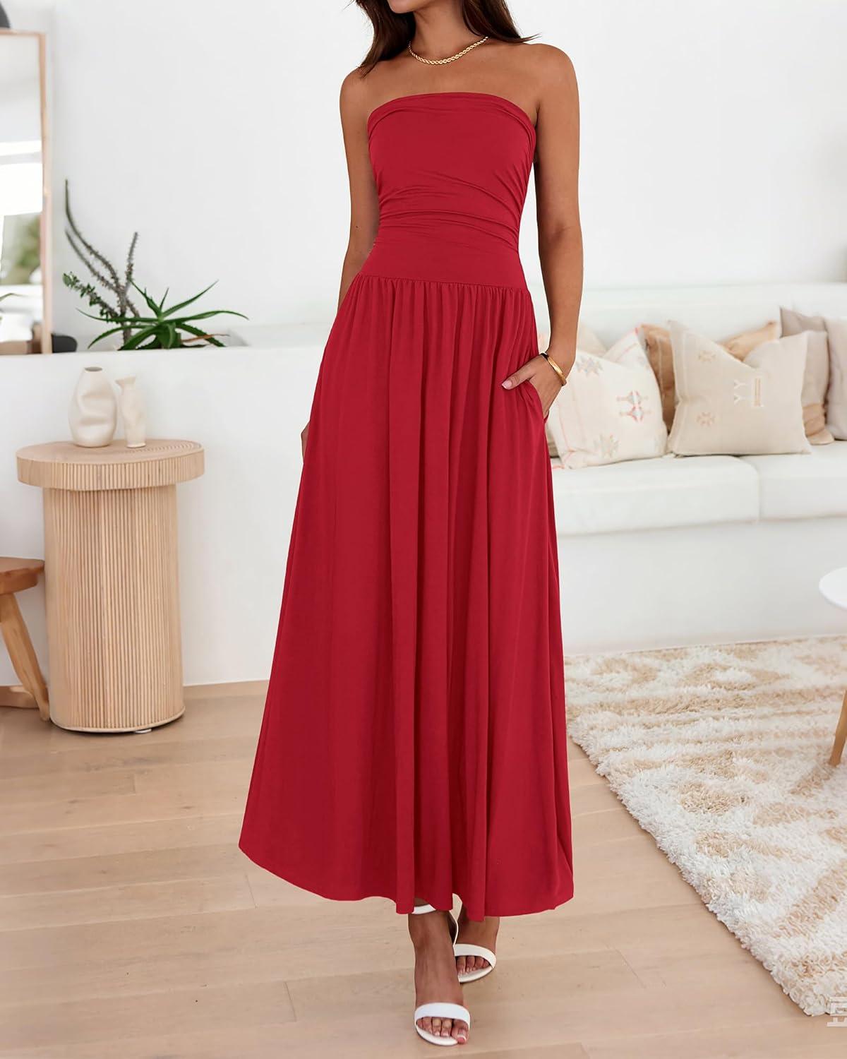 imageBTFBM Summer Maxi Dresses for Women 2026 Strapless Ruched Tube Top Beach Vacation Spring Wedding Guest Dress PocketsRed