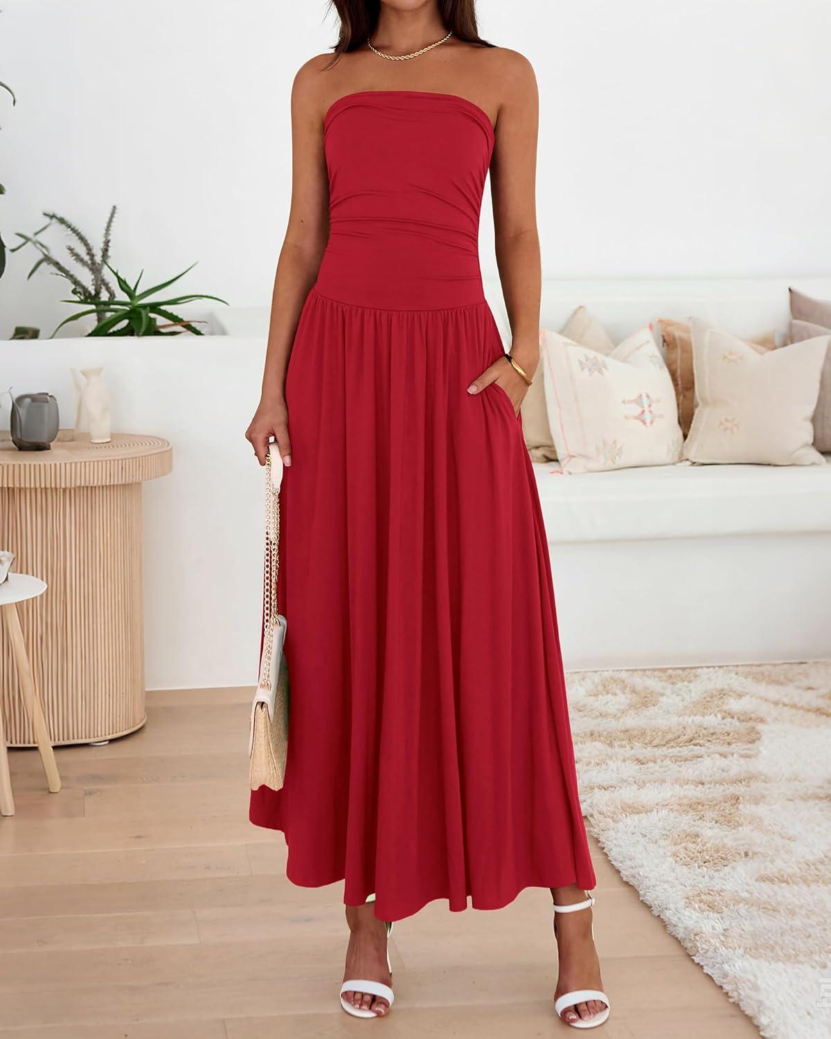 imageBTFBM Summer Maxi Dresses for Women 2026 Strapless Ruched Tube Top Beach Vacation Spring Wedding Guest Dress PocketsRed