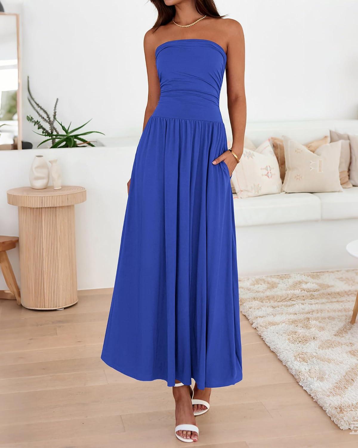 imageBTFBM Summer Maxi Dresses for Women 2026 Strapless Ruched Tube Top Beach Vacation Spring Wedding Guest Dress PocketsRoyal Blue