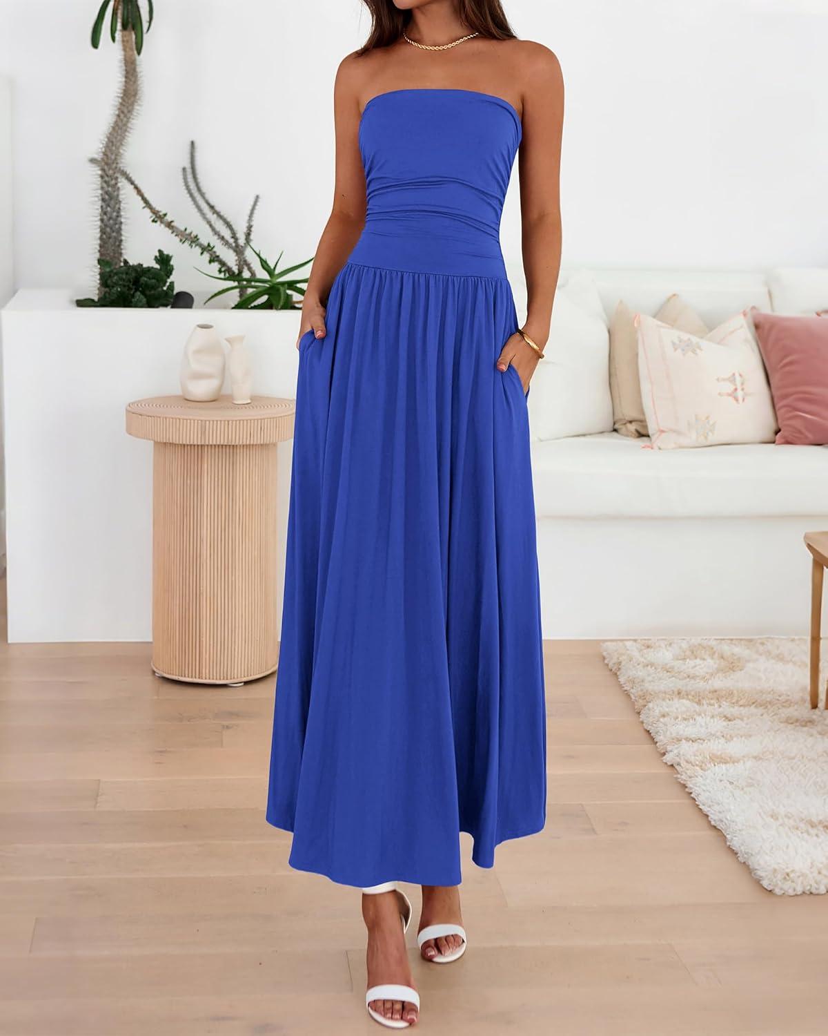imageBTFBM Summer Maxi Dresses for Women 2026 Strapless Ruched Tube Top Beach Vacation Spring Wedding Guest Dress PocketsRoyal Blue