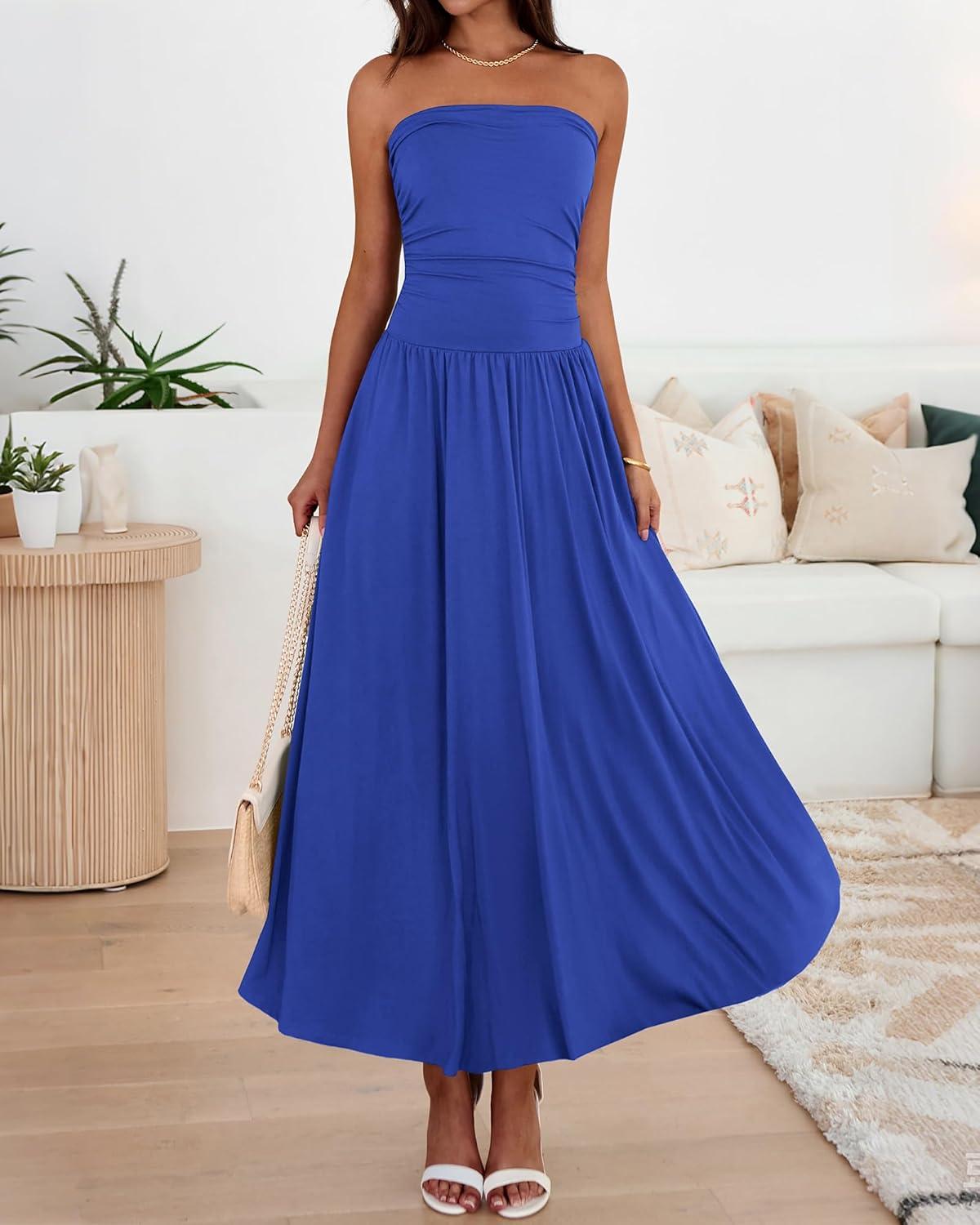 imageBTFBM Summer Maxi Dresses for Women 2026 Strapless Ruched Tube Top Beach Vacation Spring Wedding Guest Dress PocketsRoyal Blue