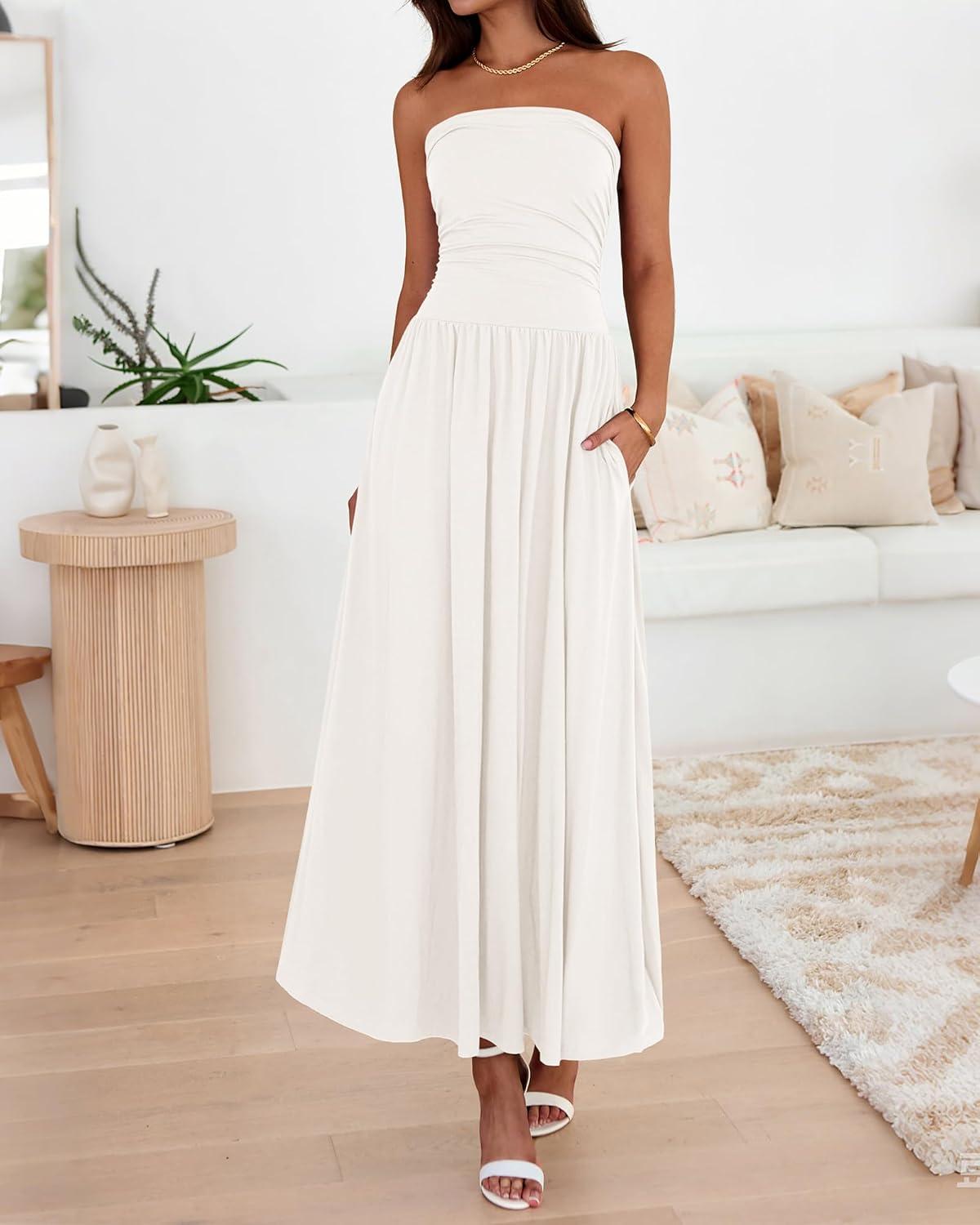 imageBTFBM Summer Maxi Dresses for Women 2026 Strapless Ruched Tube Top Beach Vacation Spring Wedding Guest Dress PocketsWhite