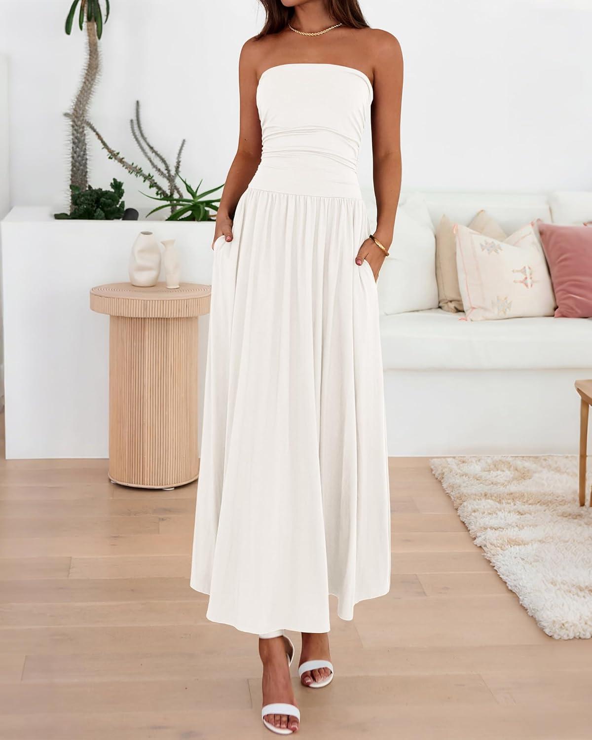 imageBTFBM Summer Maxi Dresses for Women 2026 Strapless Ruched Tube Top Beach Vacation Spring Wedding Guest Dress PocketsWhite