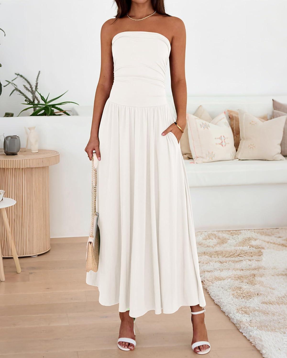 imageBTFBM Summer Maxi Dresses for Women 2026 Strapless Ruched Tube Top Beach Vacation Spring Wedding Guest Dress PocketsWhite