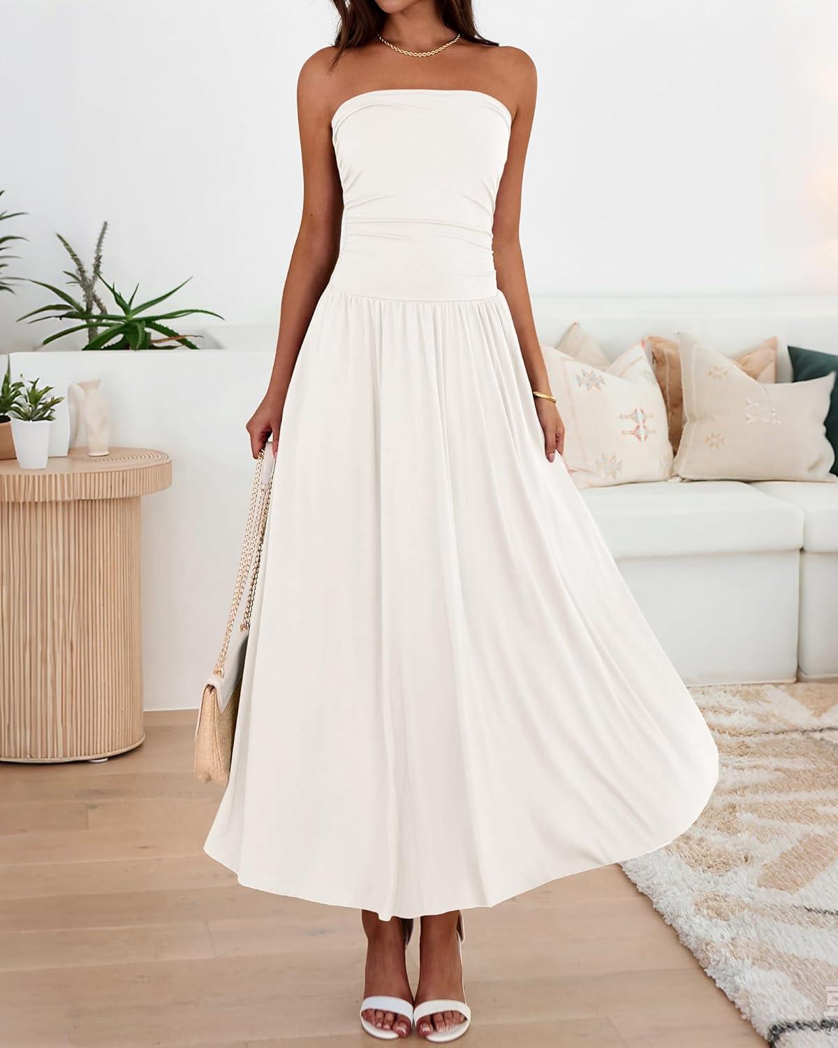 imageBTFBM Summer Maxi Dresses for Women 2026 Strapless Ruched Tube Top Beach Vacation Spring Wedding Guest Dress PocketsWhite