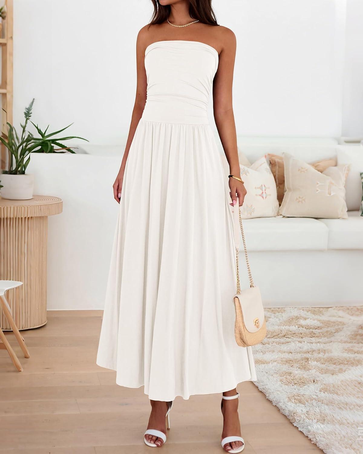 imageBTFBM Summer Maxi Dresses for Women 2026 Strapless Ruched Tube Top Beach Vacation Spring Wedding Guest Dress PocketsWhite