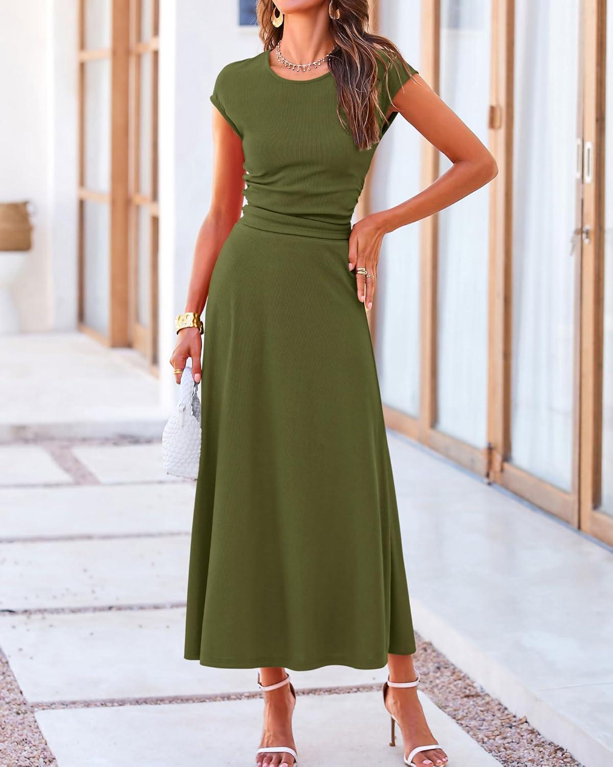 imageBTFBM Summer Outfits For Women 2026 Two Piece Sets Casual Crew Neck Short Sleeve Cropped Spring Tops Midi Skirt Lounge SetArmy Green