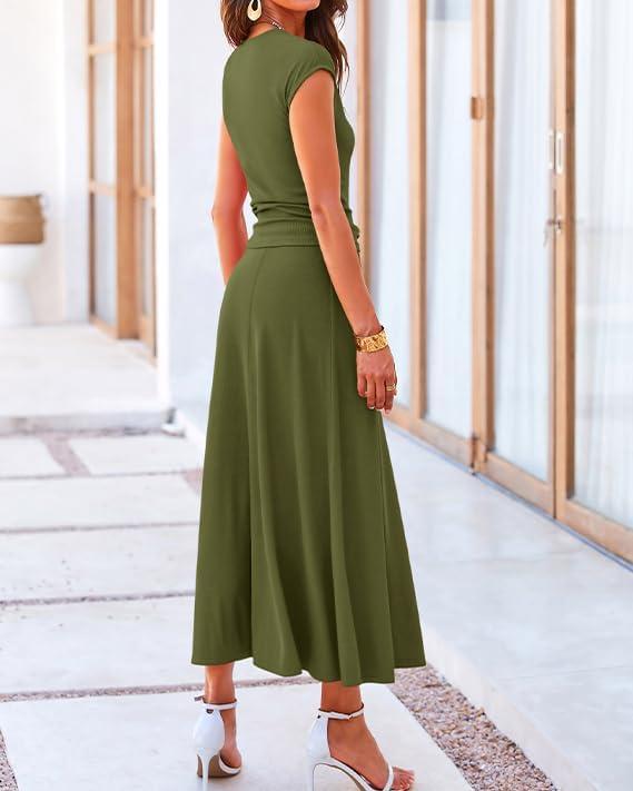 imageBTFBM Summer Outfits For Women 2026 Two Piece Sets Casual Crew Neck Short Sleeve Cropped Spring Tops Midi Skirt Lounge SetArmy Green