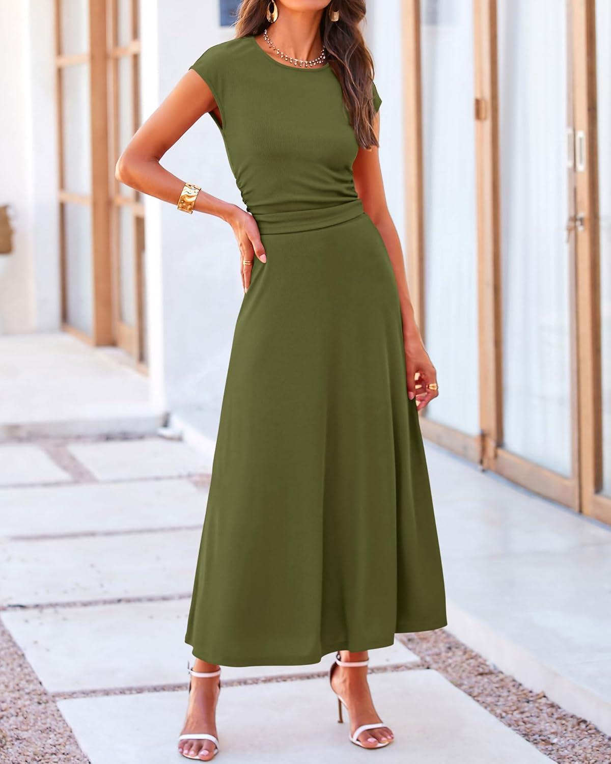 imageBTFBM Summer Outfits For Women 2026 Two Piece Sets Casual Crew Neck Short Sleeve Cropped Spring Tops Midi Skirt Lounge SetArmy Green