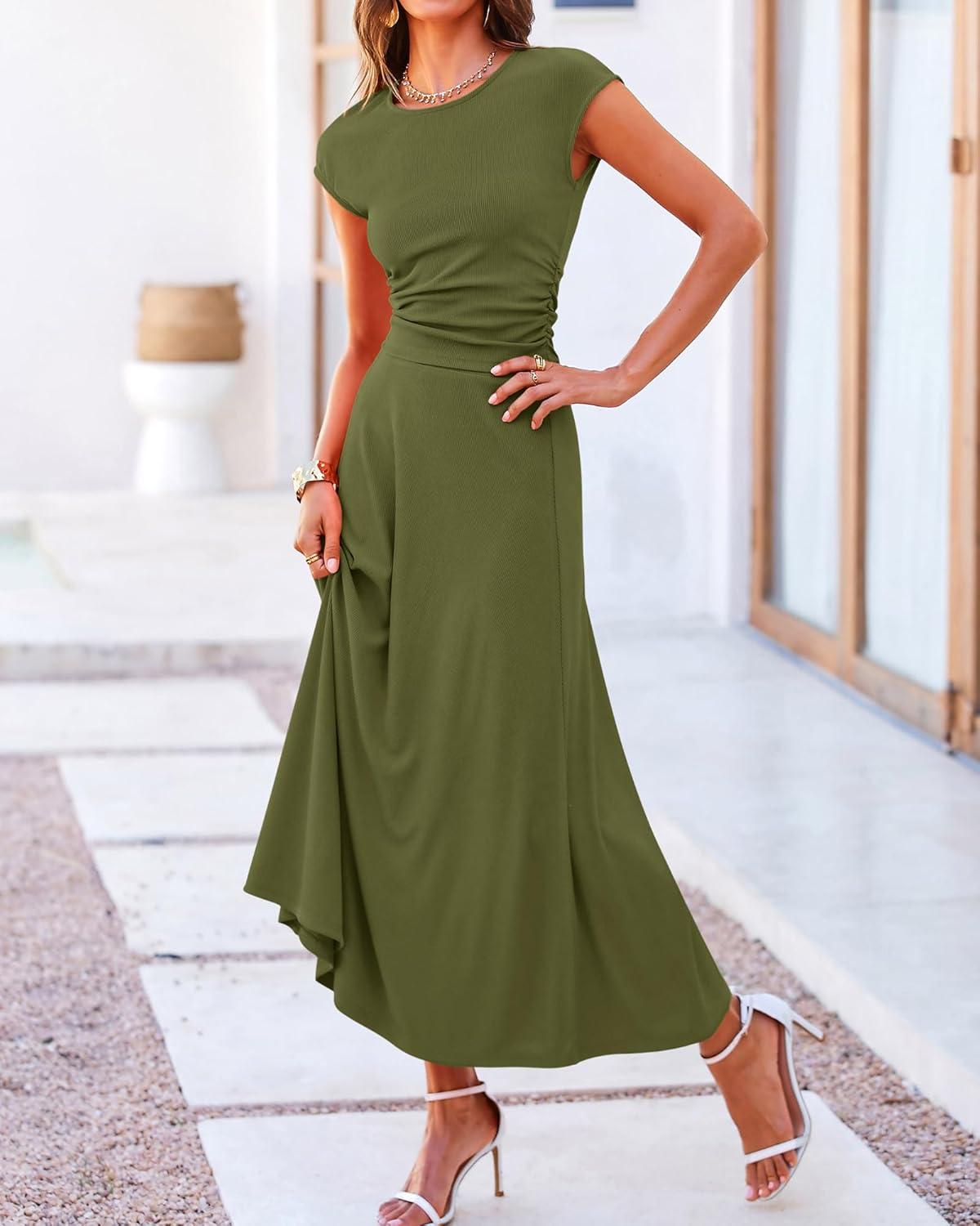 imageBTFBM Summer Outfits For Women 2026 Two Piece Sets Casual Crew Neck Short Sleeve Cropped Spring Tops Midi Skirt Lounge SetArmy Green