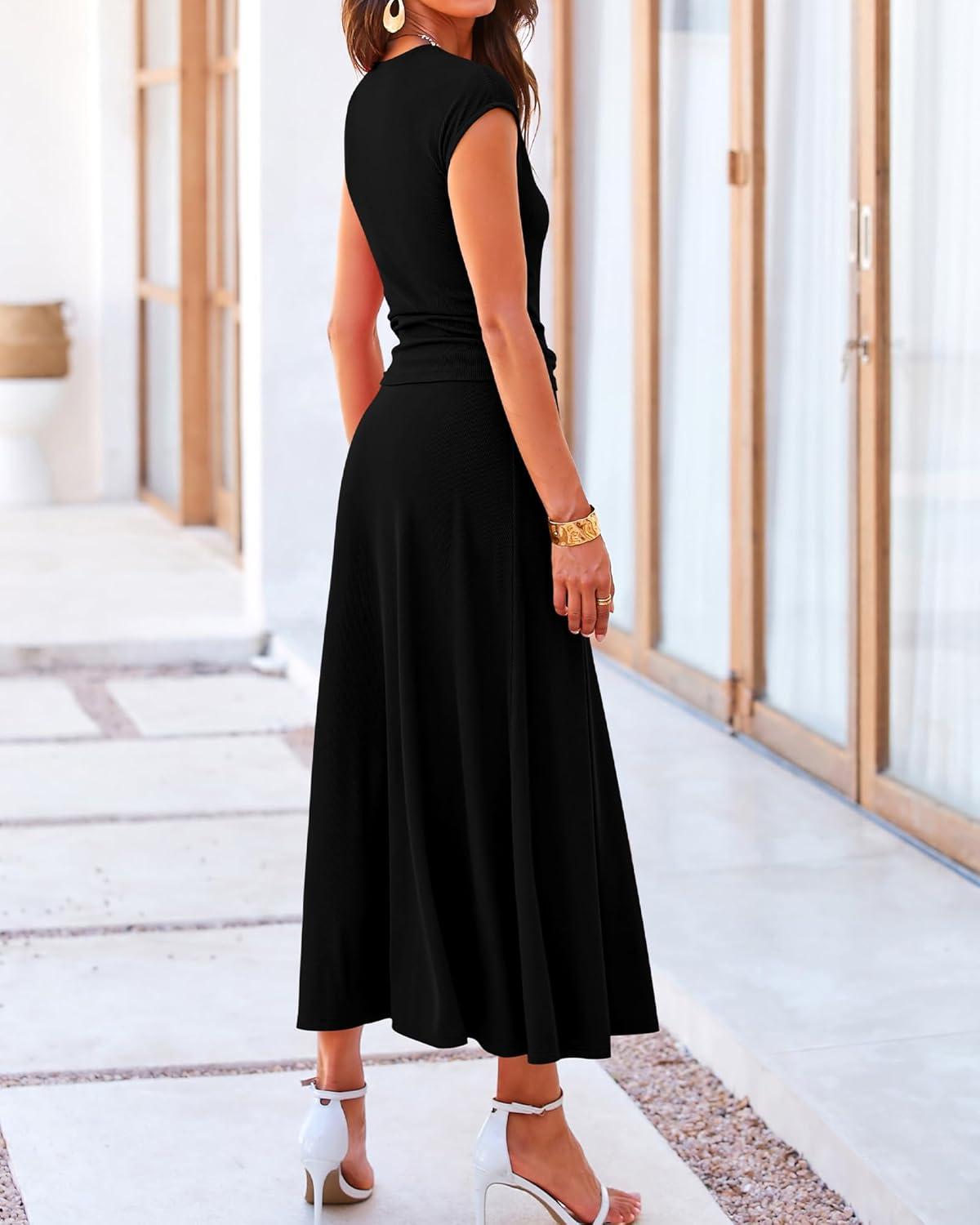 imageBTFBM Summer Outfits For Women 2026 Two Piece Sets Casual Crew Neck Short Sleeve Cropped Spring Tops Midi Skirt Lounge SetBlack
