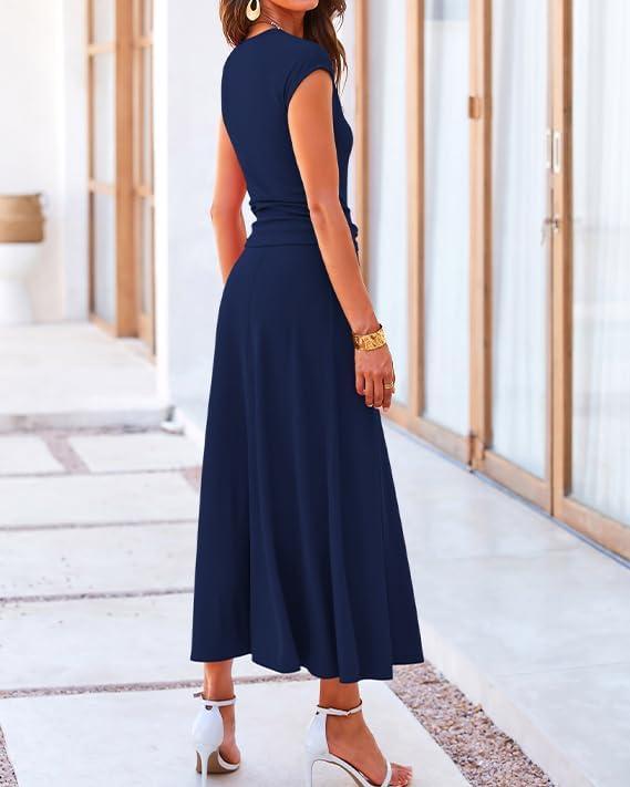 imageBTFBM Summer Outfits For Women 2026 Two Piece Sets Casual Crew Neck Short Sleeve Cropped Spring Tops Midi Skirt Lounge SetDark Blue