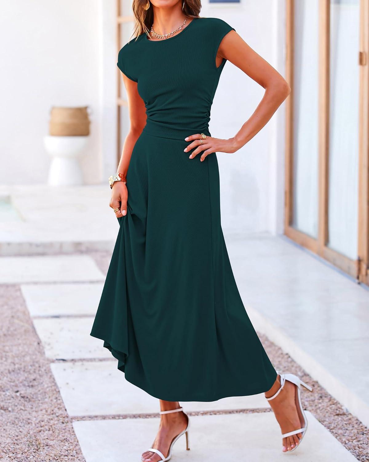 imageBTFBM Summer Outfits For Women 2026 Two Piece Sets Casual Crew Neck Short Sleeve Cropped Spring Tops Midi Skirt Lounge SetDark Green