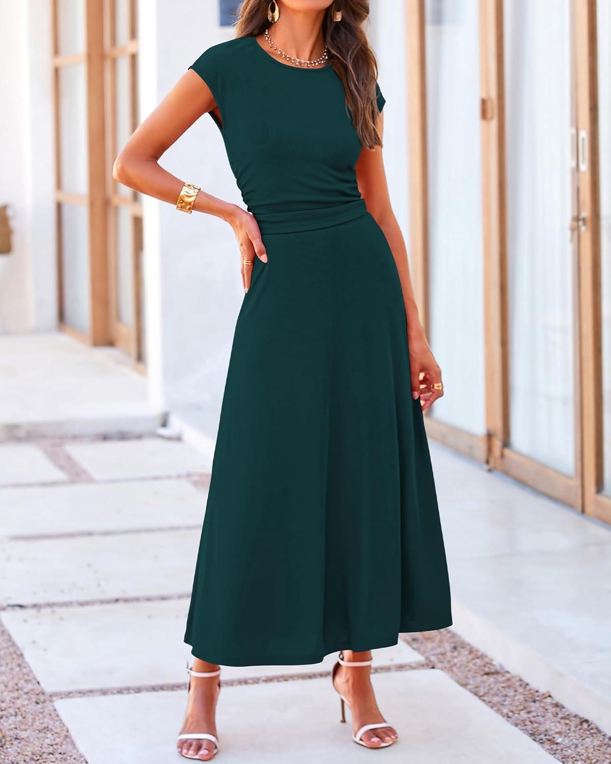 imageBTFBM Summer Outfits For Women 2026 Two Piece Sets Casual Crew Neck Short Sleeve Cropped Spring Tops Midi Skirt Lounge SetDark Green