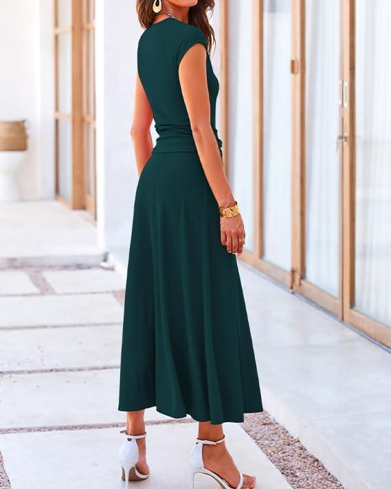 imageBTFBM Summer Outfits For Women 2026 Two Piece Sets Casual Crew Neck Short Sleeve Cropped Spring Tops Midi Skirt Lounge SetDark Green