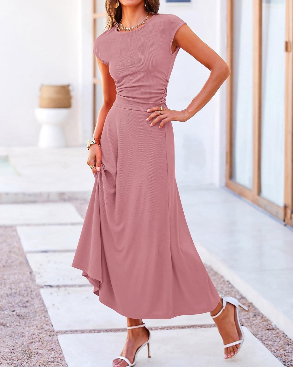 imageBTFBM Summer Outfits For Women 2026 Two Piece Sets Casual Crew Neck Short Sleeve Cropped Spring Tops Midi Skirt Lounge SetDusty Pink